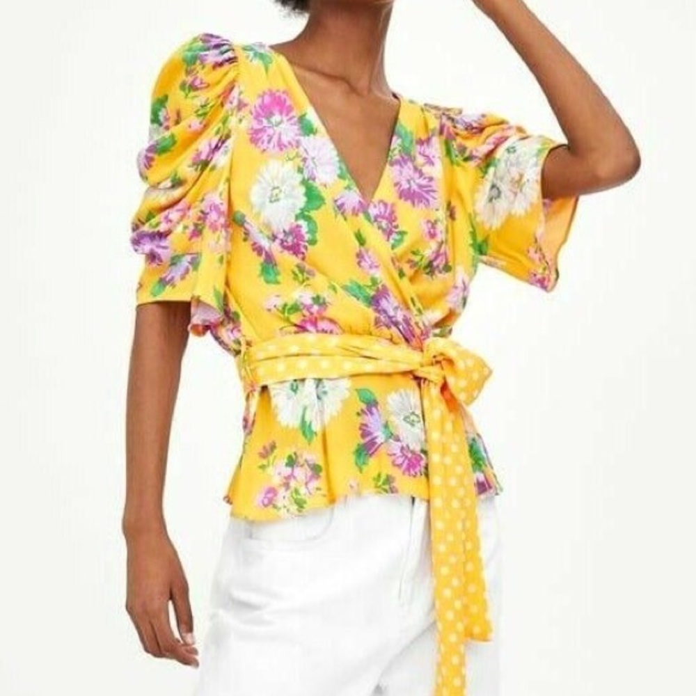 Zara Floral and Polka Dot Wrap Blouse